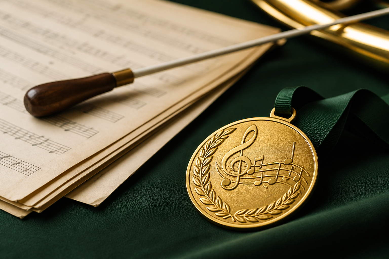 Gold music medallion beside sheet music and a conductor baton