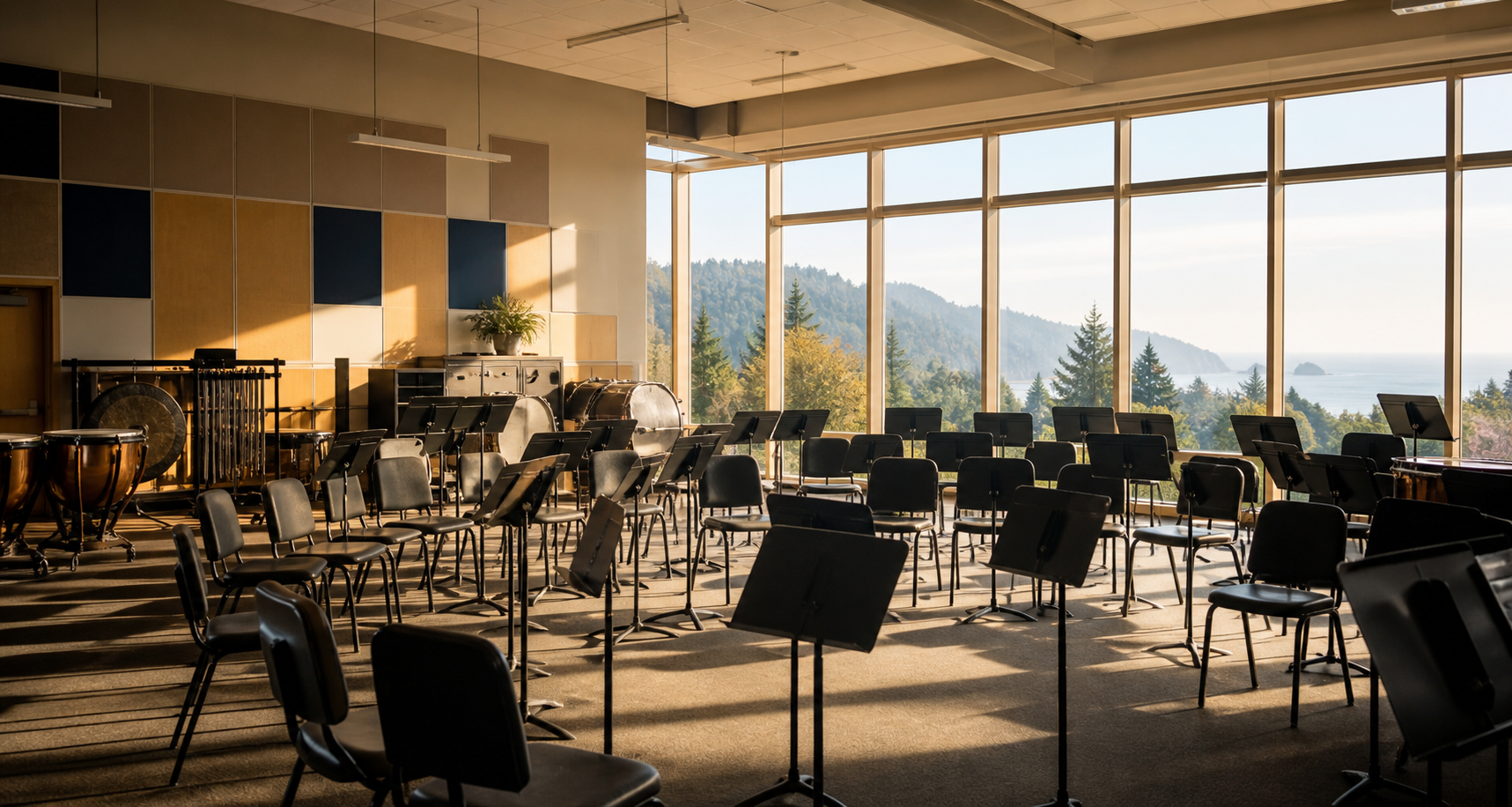 Empty rehearsal room with music stands facing windows over fictional coastal hills